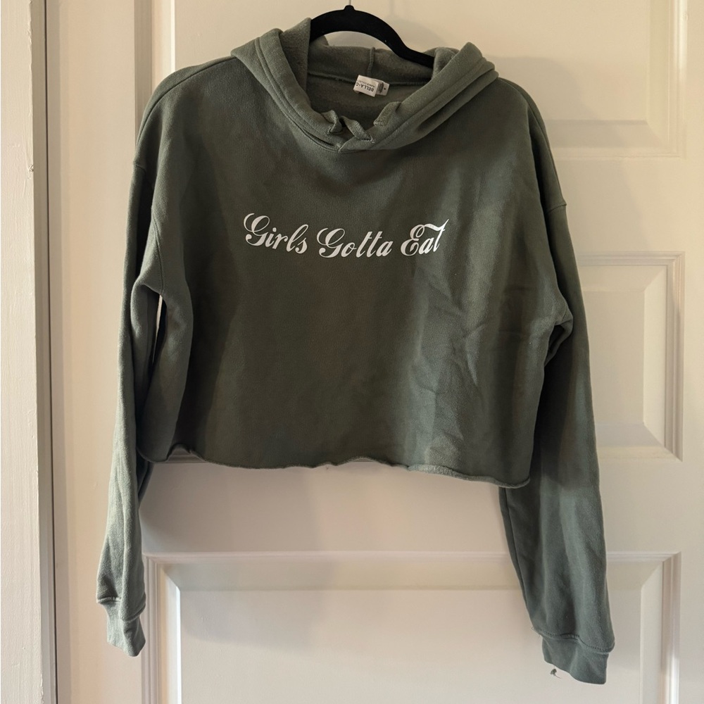 Green Cropped Hoodie with Slogan